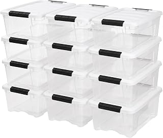 IRIS USA 12-Pack 13 Quart Stackable Storage Bins with Lids, Clear/White | Medium Plastic Totes, Home Organization Containers for Seasonal Decor, Clothing Accessory, and Craft Supplies