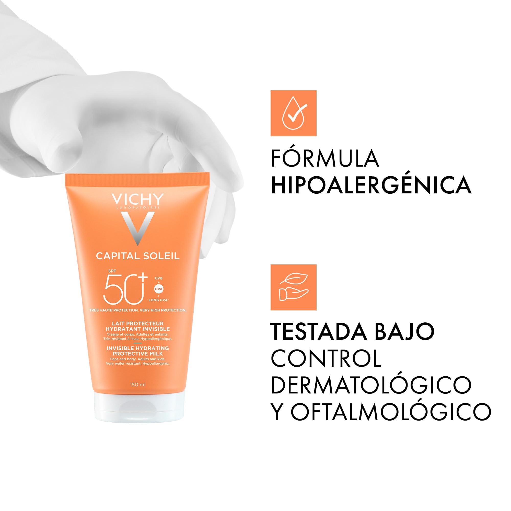 Vichy Capital Soleil Leche protectora solar hidratante invisible SPF50+, protección contra los rayos UVA+ UVB y UVA largos, 150 ml