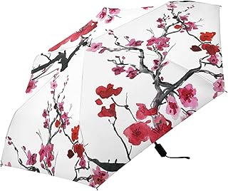 Oyihfvs Seamless Pattern with Red Pink Cherry Blossoms Flowers on White Parasol Folding Umbrella, Reinforced Windproof Waterproof, Portable Compact Anti-UV Sun Rain Protection for Travel Outdoor