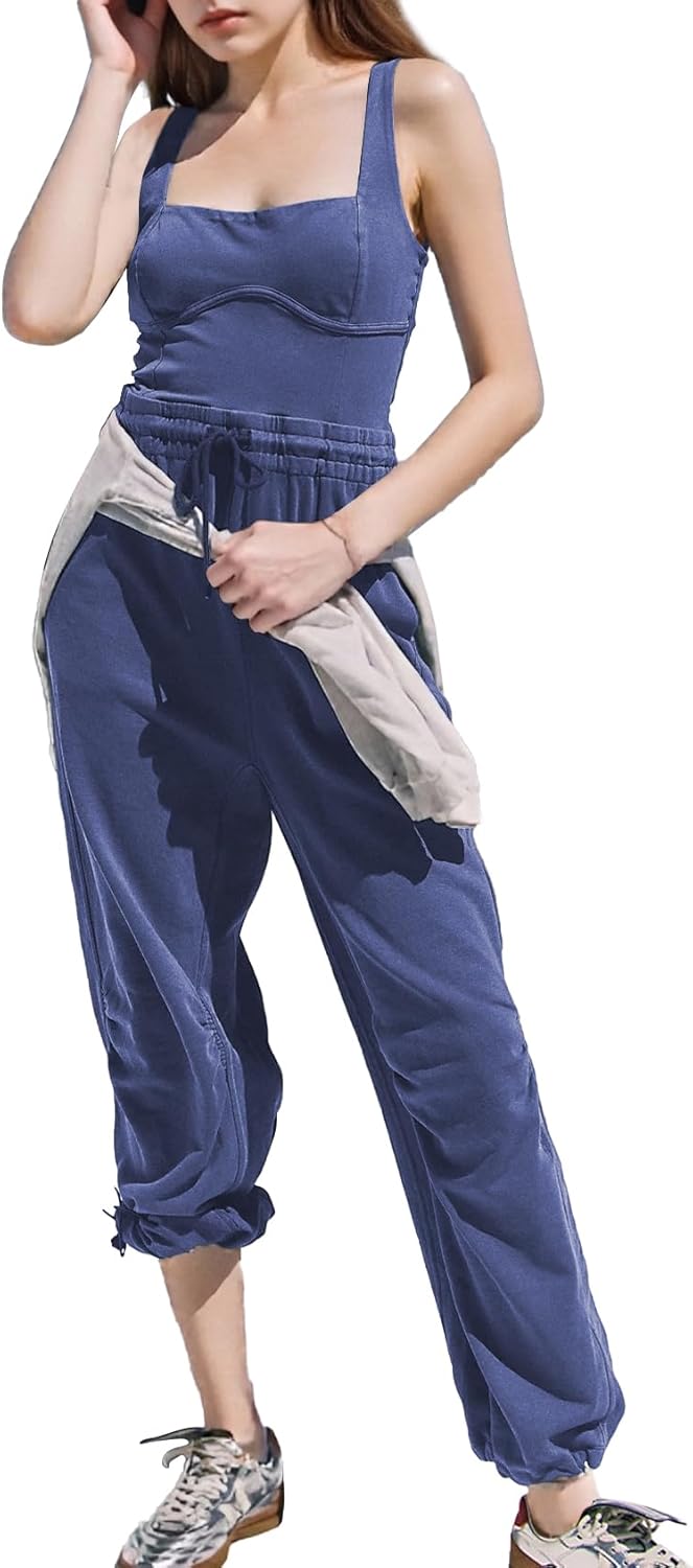 Women’s One Piece Overall Jumpsuits Sleeveless Athletic Onesie Adjustable Drawstring Waistband Overalls Rompers