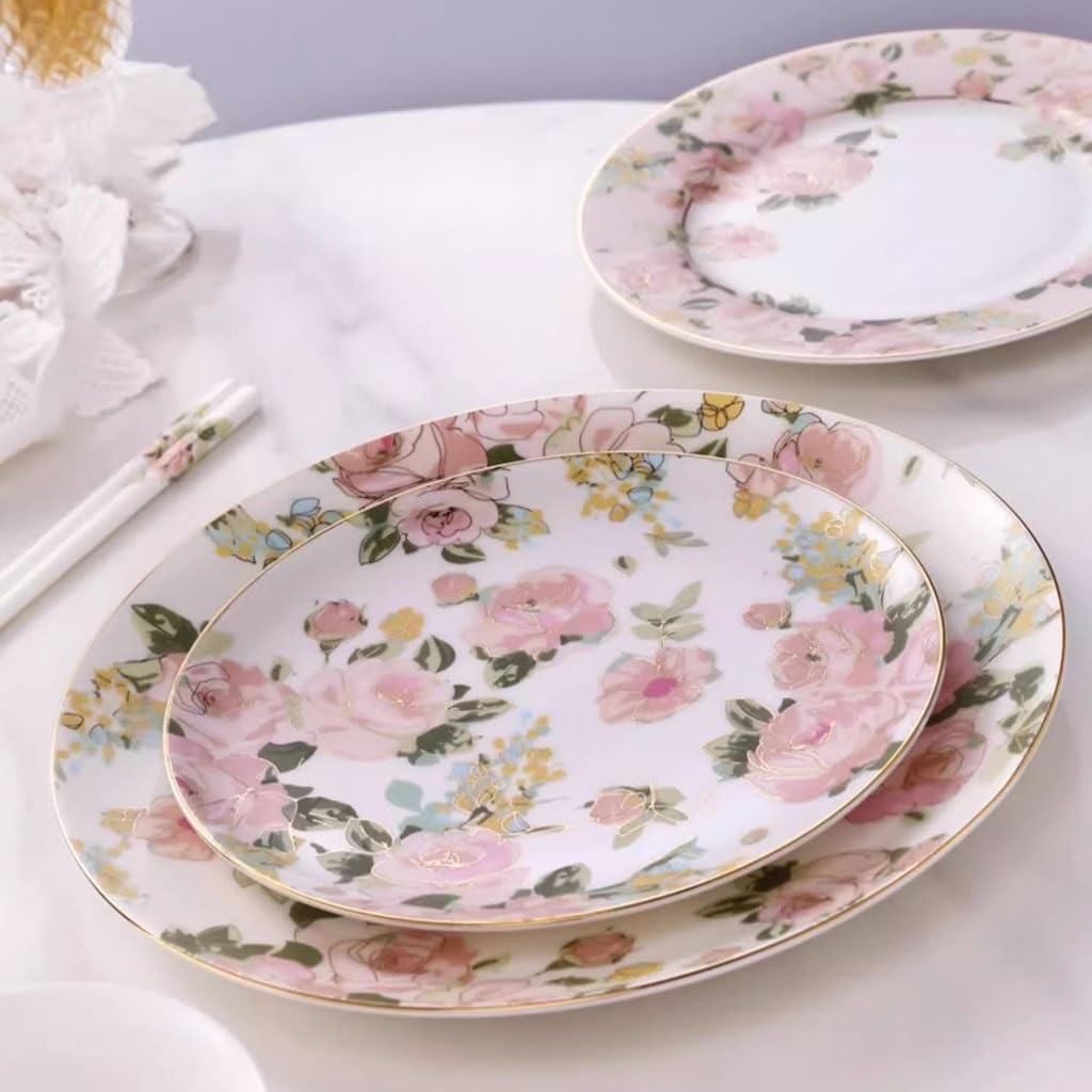 SLEEVE Piatti Cena Piatto Piano In Ceramica Con Bordo Dorato In Stile Pastorale, Piatto Piano Da Tavola In Porcellana Bone China Piatto da Portata