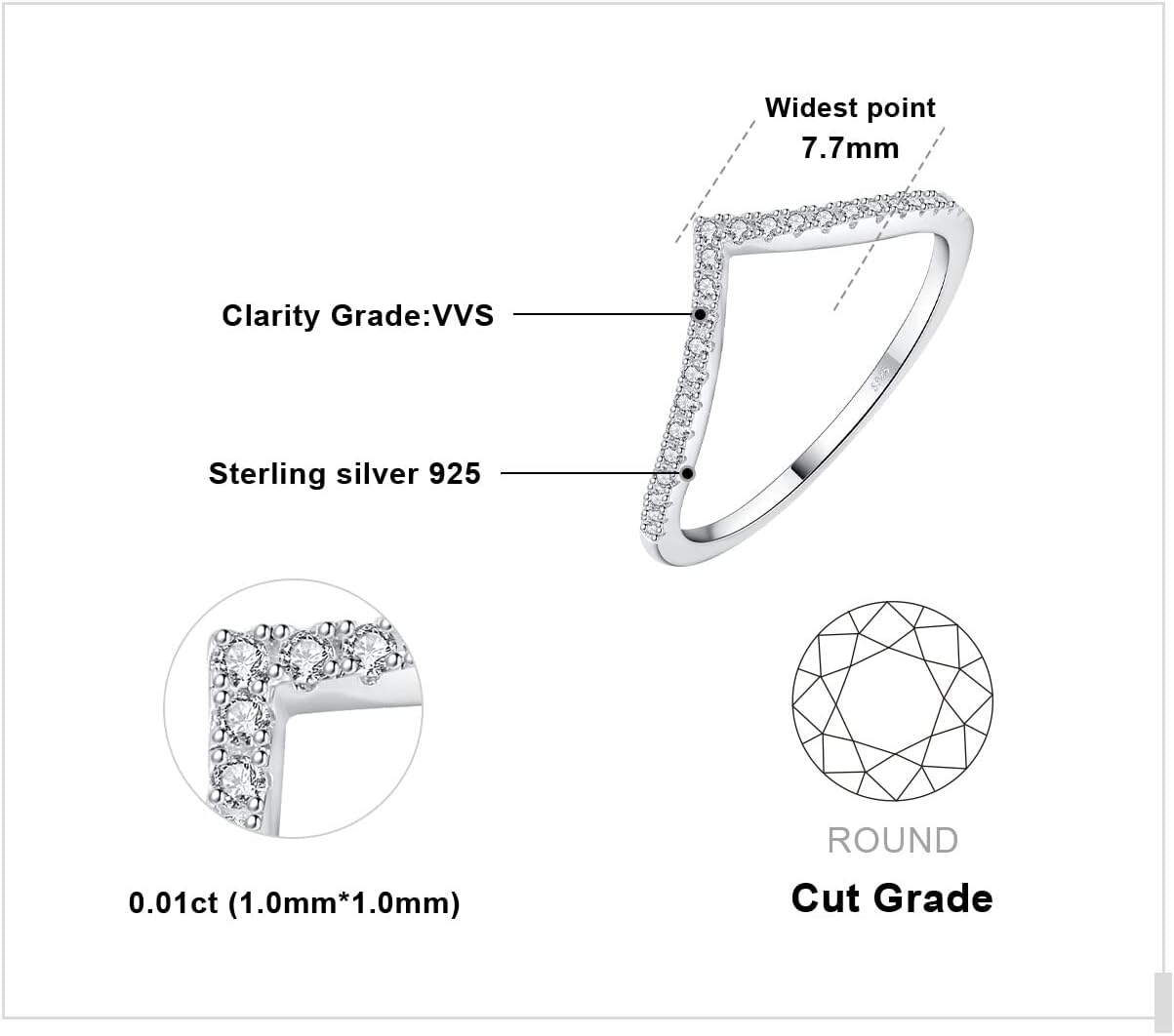 JewelryPalace V Shape Round Cut Moissanite Wedding Band for Women, 14K White Yellow Rose Gold Plated 925 Sterling Silver Promise Ring for Her, Simulated Diamond Stackable Rings VVS D-F - Image 2