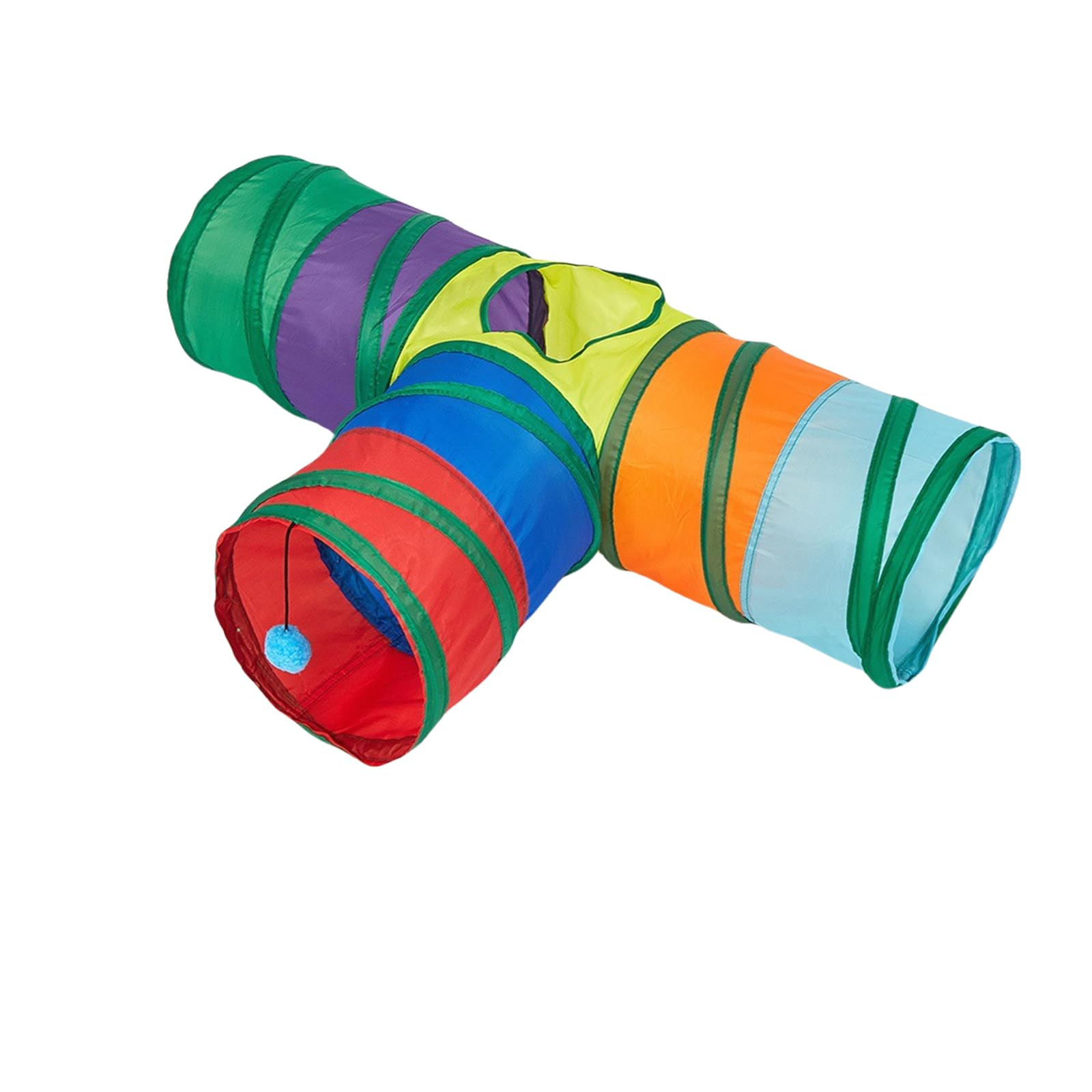 Giocattolo per gatti arcobaleno, tunnel pieghevole per gatti, multicolore a righe con accenti verdi, giocattolo interattivo per animali domestici