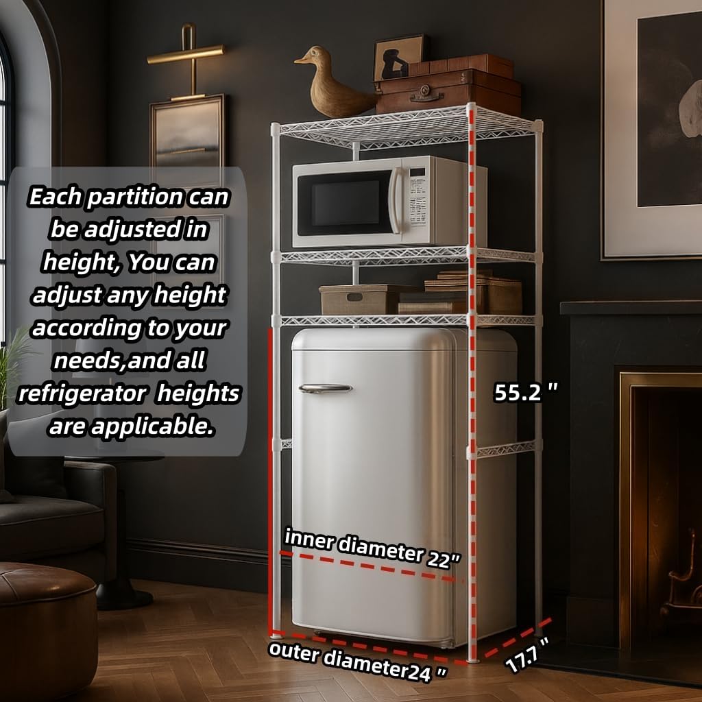 Dorm Mini Fridge Stand with Storage,Over mini Fridge Shelf,Small Refrigerator and Microwave Stand, Multi-Functional Storage Rack, Suitable for Kitchens, Dorm (White, 24"(L) x 17.7"(W) x 55.2"(H)