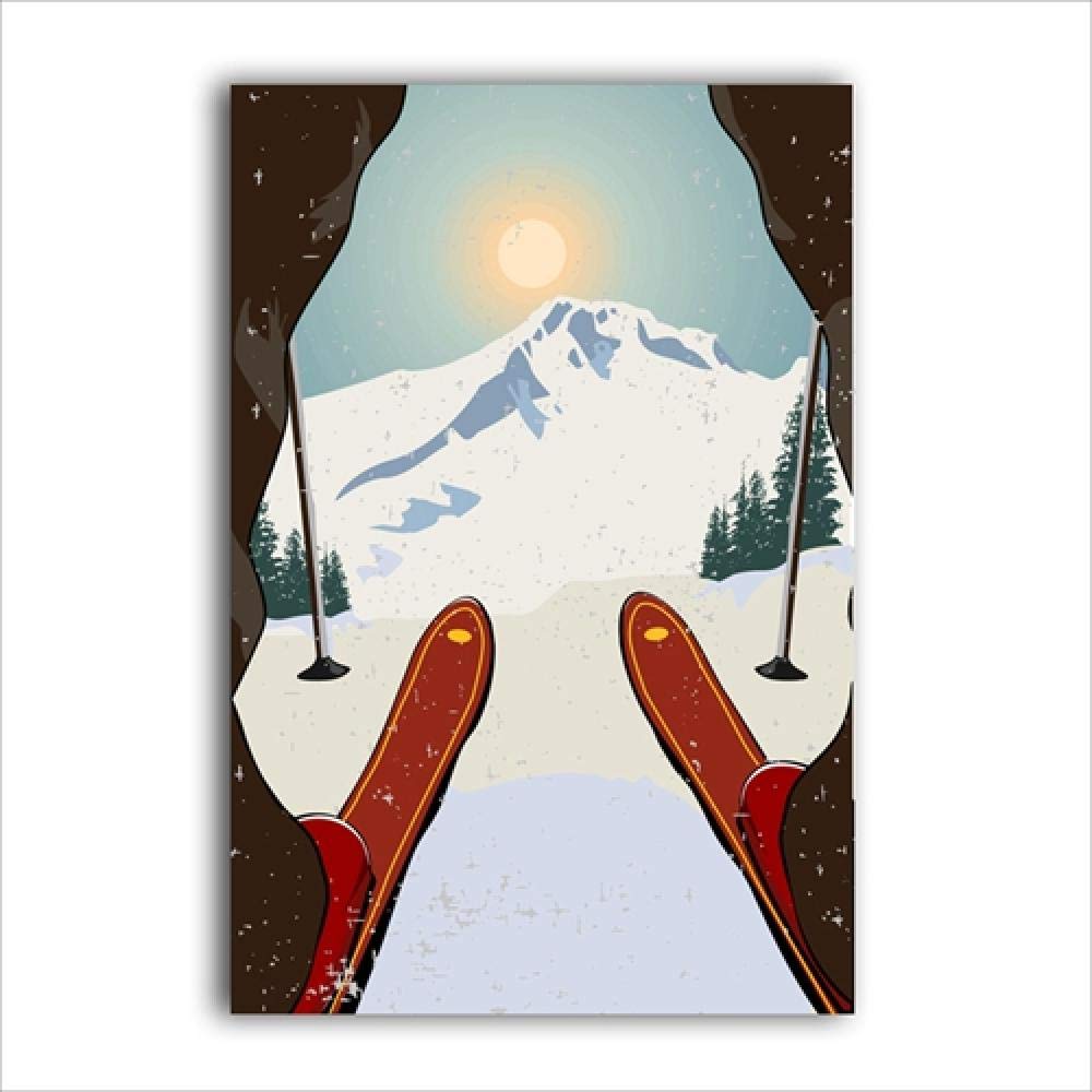 Affiche Toile Ski Hiver Vintage 70x50 Cm - Décor Montagne Neige - Sans Cadre