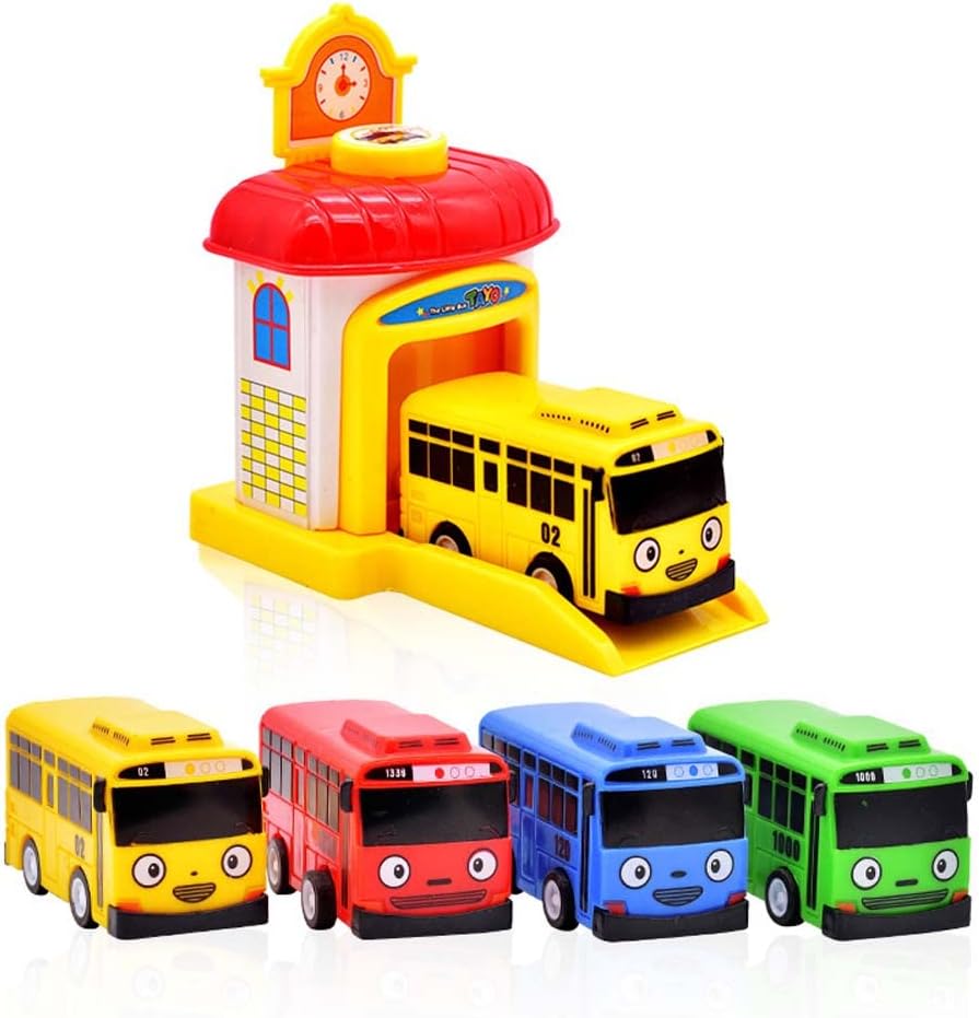 ZEMI 4PCS Pull Back Mini Bus Toy Set,Mini Little Bus TAYO Car Toy Fit,Blue Tayo Red Gani Yellow Lani Green Rogi Bus Car Model,Mini Tayo Rogi Gani Rani