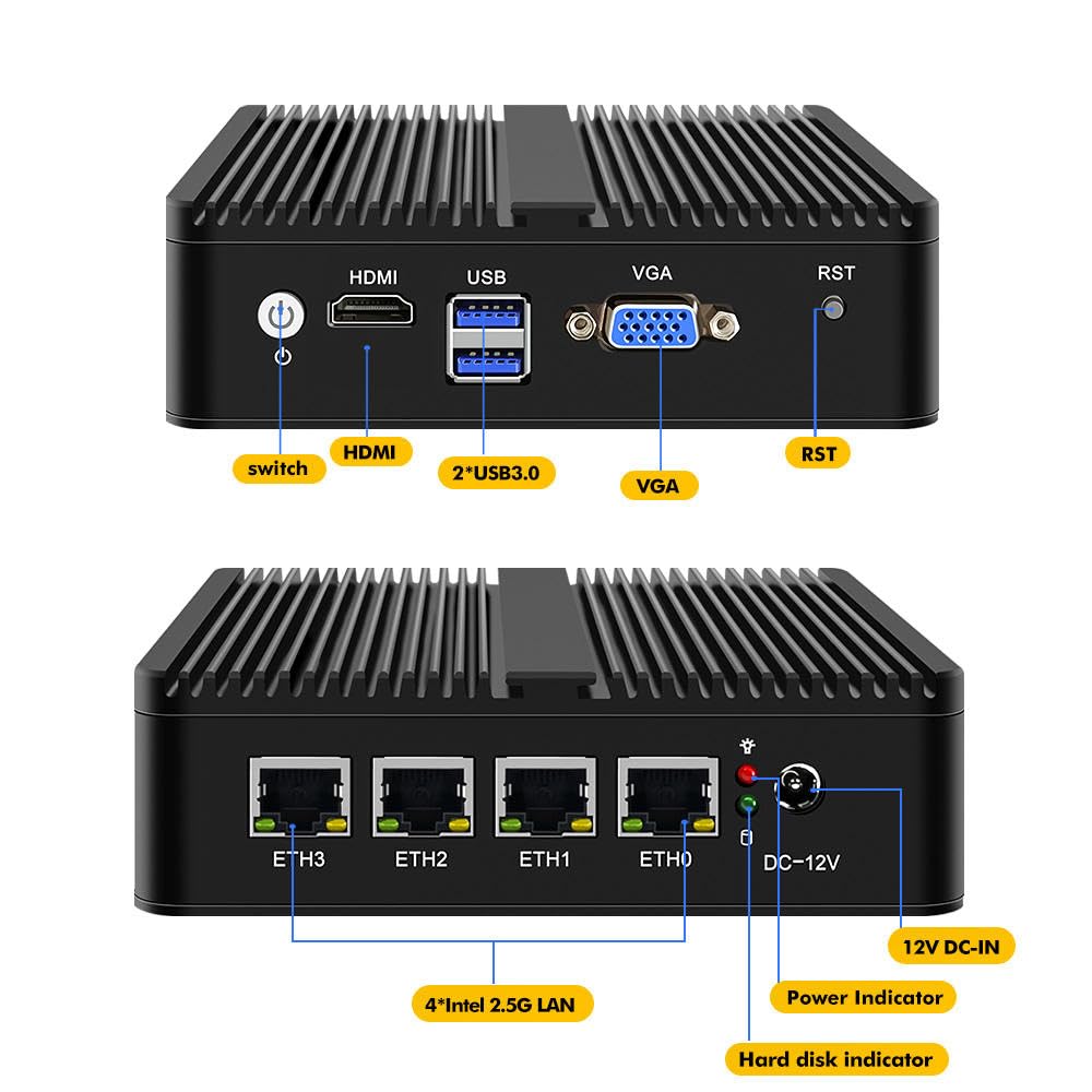 Micro-Firewall-Gerät, 2,5 G, lüfterlos, j5005 4xi226-V RJ45 Desktop | Firewall-Gerät AES-NI ESXi geeignet für pfSense Mini-PC, VGA, HDMI