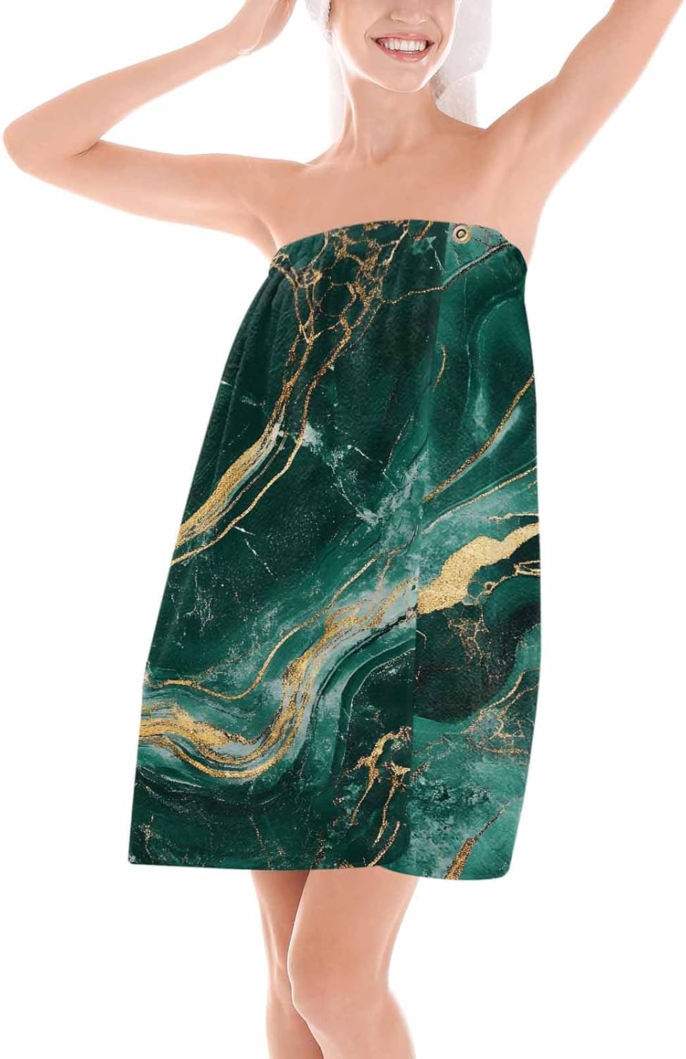 着るバスタオル 流線 抽象 緑色 箔押し マーブル 水彩 ラップタオル 落ちない 着れる ズレない 吸水 ボタン付き 速乾 毛羽落ち