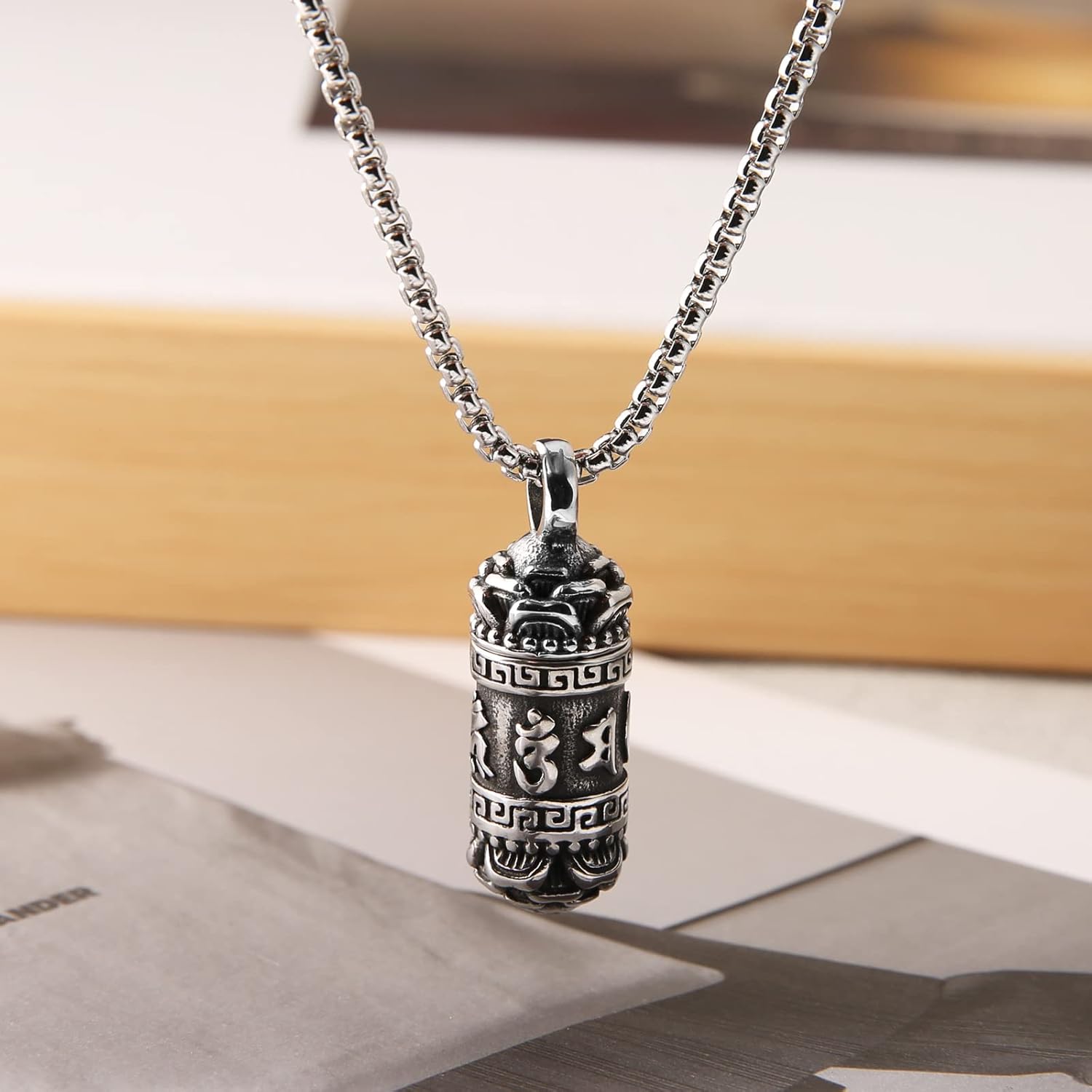 STWTR Tibetan Buddhist Meditation Stainless Steel Pendant Memorial Cremation Ash Pill Container Necklace Men's Ladies Comes with 23.6" Chain - Image 3