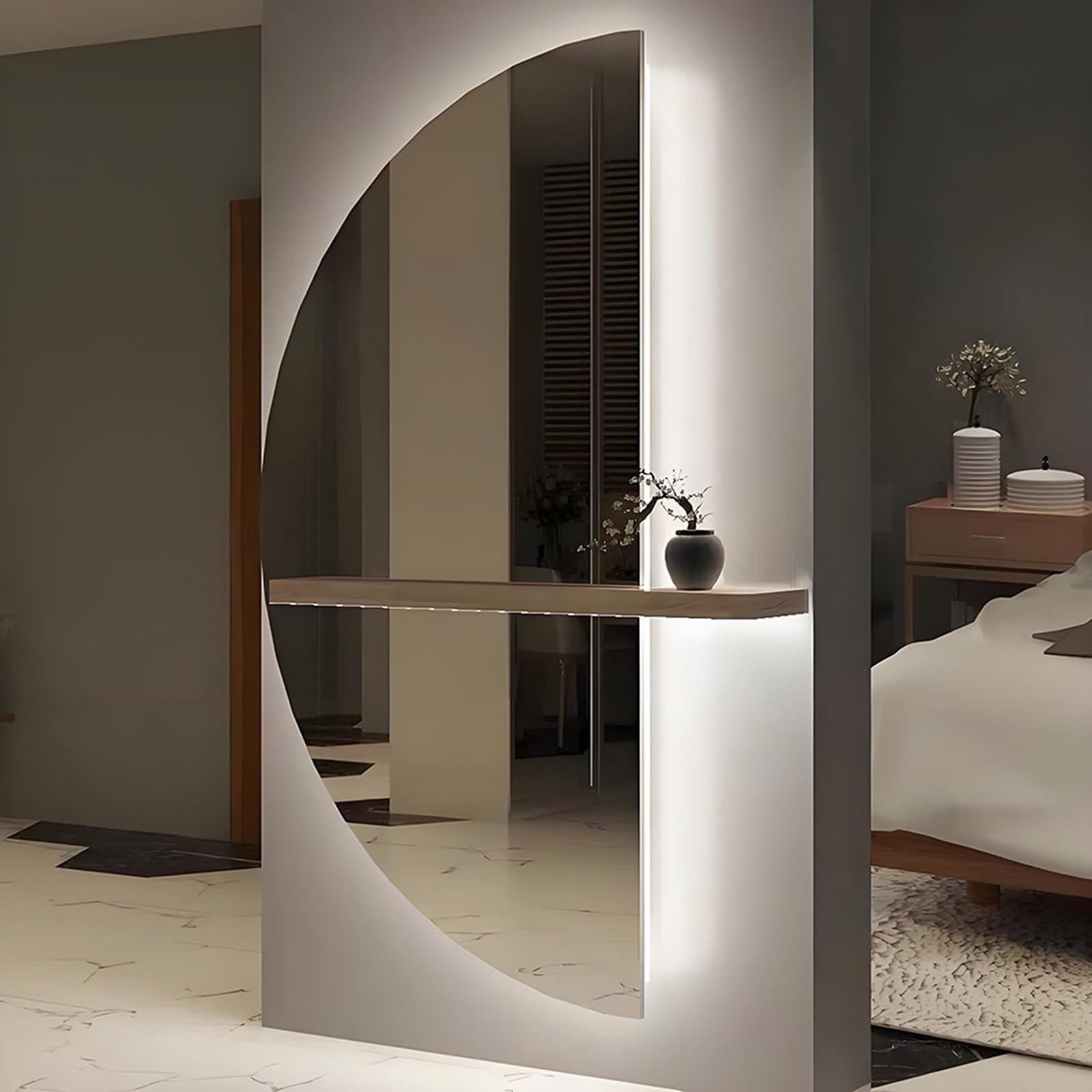 SXFSDOU Half Moon Hanging Bathroom Mirror with 3 Colors Light, Circle Anti-Fog Decorative Vanity Mirror, for Living Room Entryway Hallway(Right Cut,60x120cm/24x48in)