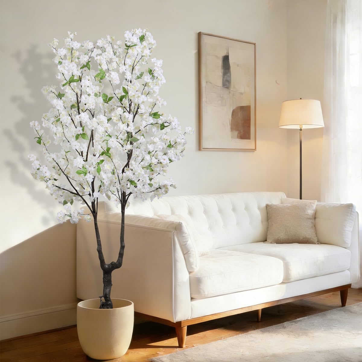 BINCUE Artificial White Cherry Blossom Tree Fake Tree Cherry Blossom Decor Fake Flowers Faux Flowering Tree White Flowers Floral for Indoor Outdoor Room Home Spring Gift 6FT