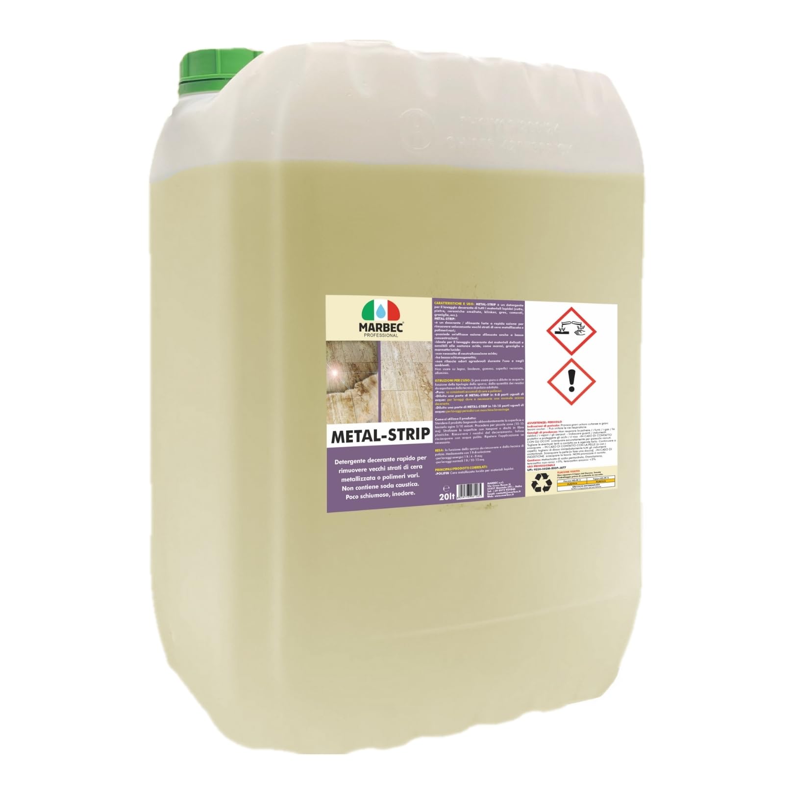 MARBEC METAL-STRIP 20LT Decerante rapido per materiali lapidei, rimuove vecchi strati di cera e polimeri, azione sfilmante efficace. Non contiene soda caustica.