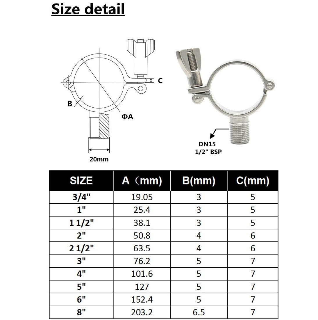 Soporte for tubos de alta resistencia con abrazaderas for soporte de tubos con rosca macho BSP de 1/2" Soporte for soporte de tubos de acero inoxidable 304 OD19 25 38 51 63 76 102 mm(Pipe OD 152mm)