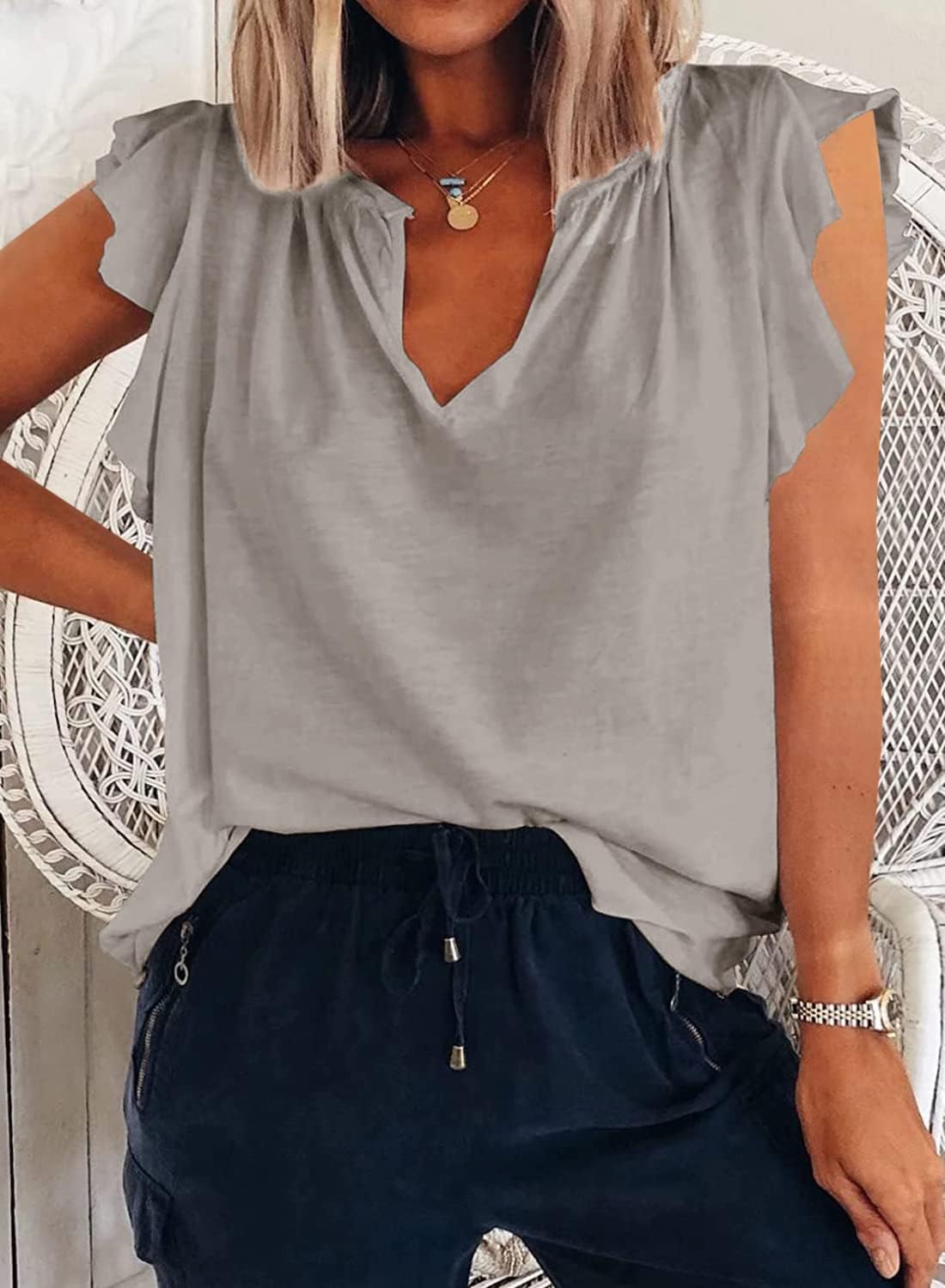 Ebifin Womens Plus Size Tank Tops V Neck Ruffle Sleeve Summer Casual Loose Blouses Tee Shirts - Image 2