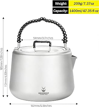 SILVERANT Titanium Camping Kettle, Titanium Pot with Lid Folding Bail Handle Camping Coffee & Tea Pot for Outdoor Backpacking Hiking Teapot 1200ml - Sandblasted