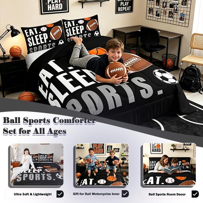 Image of Feelyou Twin Size Sports Comforter Set Boys Girls Bedding Set for Sports Lover Gift Ultra Soft Football Soccer Basketball Baseball Quilt Breathable Lightweight Microfiber Black Ball Game Room Decor