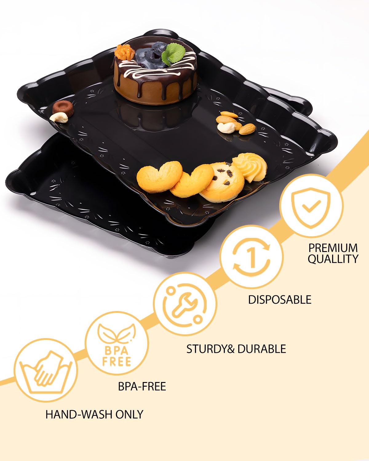 BESTVIP Vassoi da portata rettangolari in plastica nera, 22 x 33 cm, con bordi per eventi, matrimoni, pasti quotidiani, feste, snack, artigianato e alimentazione degli animali domestici
