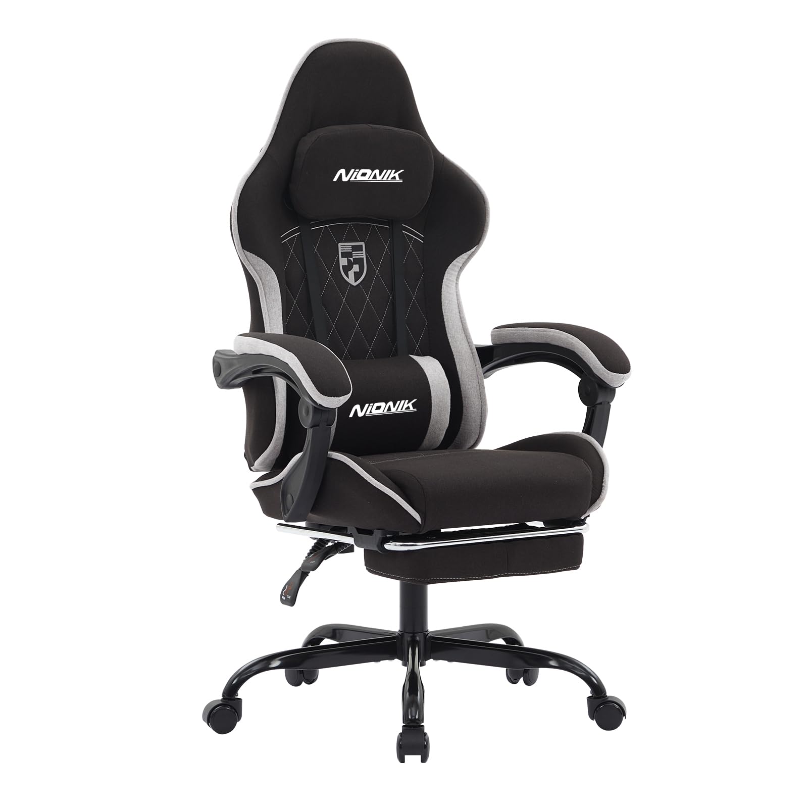 NIONIK Gaming Chair with Footrest and Massage Lumbar Cushion, Ergonomic Computer Chair with 135° Recline, Breathable Fabric, Headrest and 360° Swivel, Heavy Duty Office Chair Up to 150kg (Black Gray)