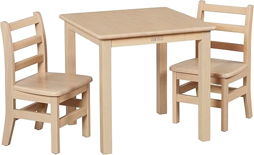 ECR4Kids Juego de mesa y silla de madera dura de 24 x 24 pulgadas, altura de asiento de 12 pulgadas, muebles para niños, blanco antiguo, 3 piezas