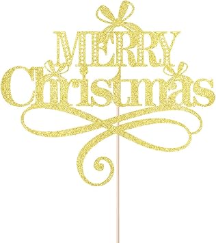 Merry Christmas Cake Topper Gold Xmas Holiday Cake Decorations