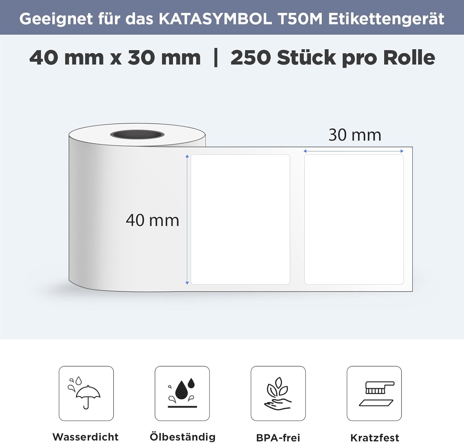 SUPVAN Etiketten selbstklebend wasserfest für T50M Etikettendrucker (40 mm x 30 mm), 2 Rollen (250 pro Rolle), schwarz auf weiß