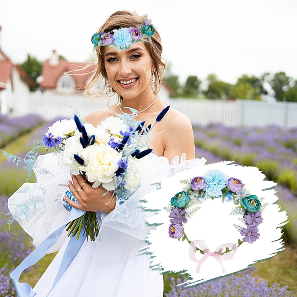 INFUNLY 113pcs/Set Blue Purple DIY Flower Crowns Kit Women Girls DIY Headband Flower Wreath Handmade Floral Bridal Headpiece Hair Accessories for Wedding Birthday Party Prop