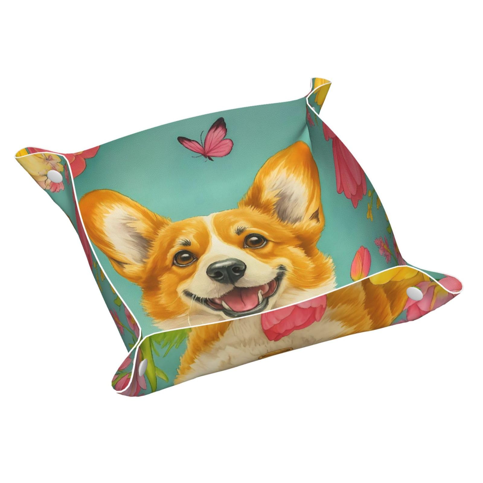 HLBSDM Lovely Corgi Puppy with Tulip Tray Men's Leather Valet Parking Portable Entrance Trays Bedside Storage Box