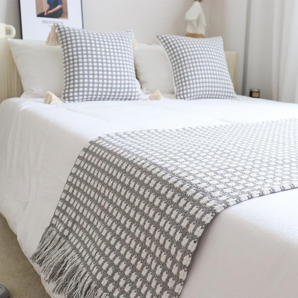 JANEMUA Checked Pattern Bed Runner with Tassels, Soft Bed Runners Scarves & Pillowcase, No Fading Bedspreads Decoration for Home & Hotel-Grey||50X180cm for 1.2m Bed