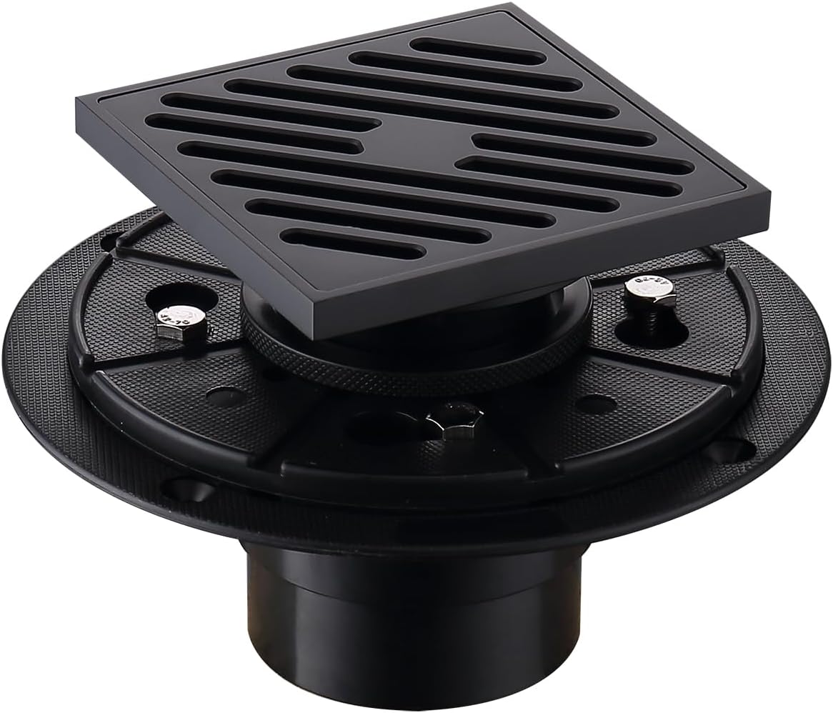 Zexzen Square Shower Drain 4 Inch with Flange, Matte Black Shower Floor ...