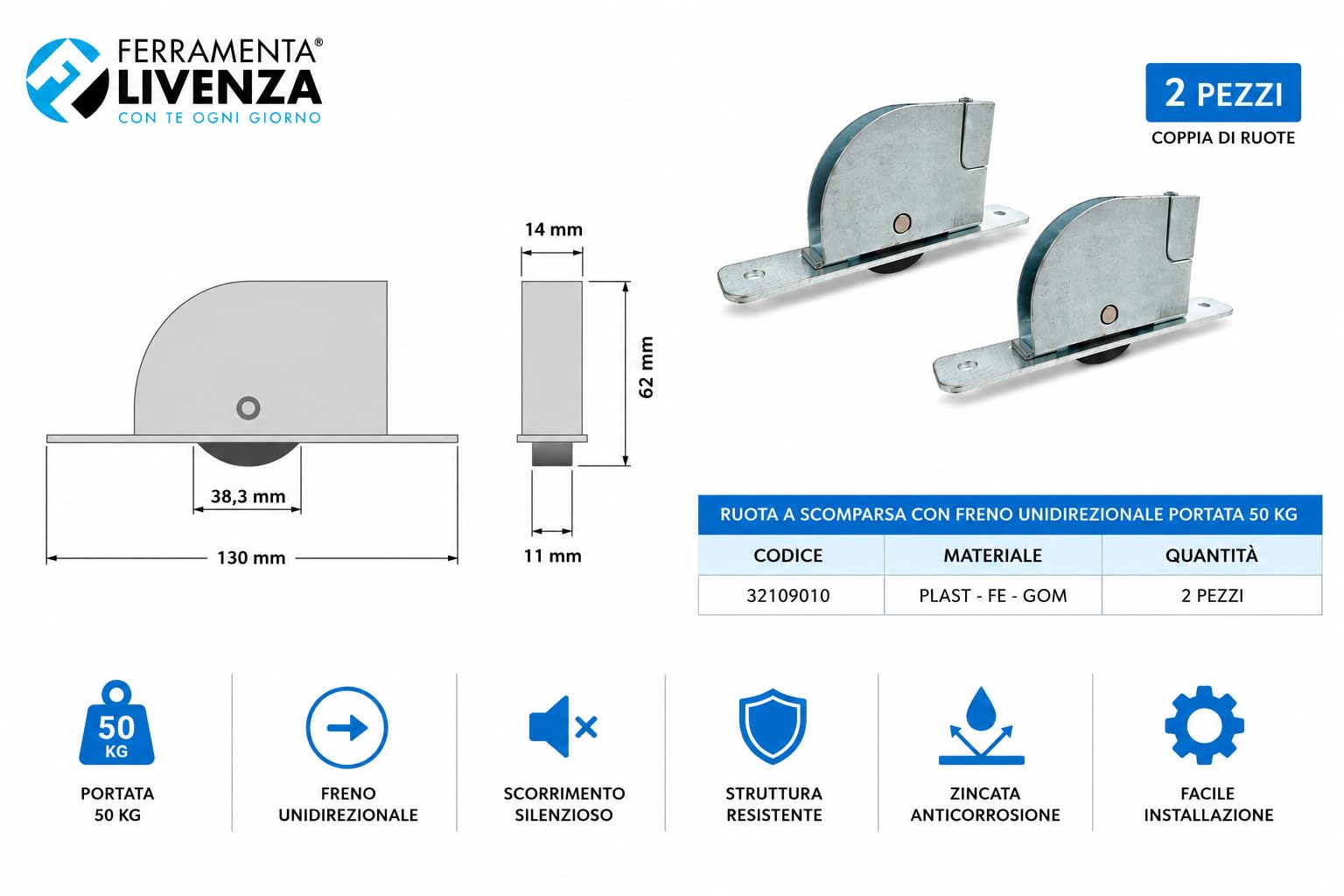 Ferramenta Livenza Ruote a Scomparsa 50 kg con Freno Unidirezionale – Coppia Ruote per Letti a Scomparsa, Ante Scorrevoli, Porte Scorrevoli e Mobili – Ruote Zincate da Incasso Scorrimento Silenzioso
