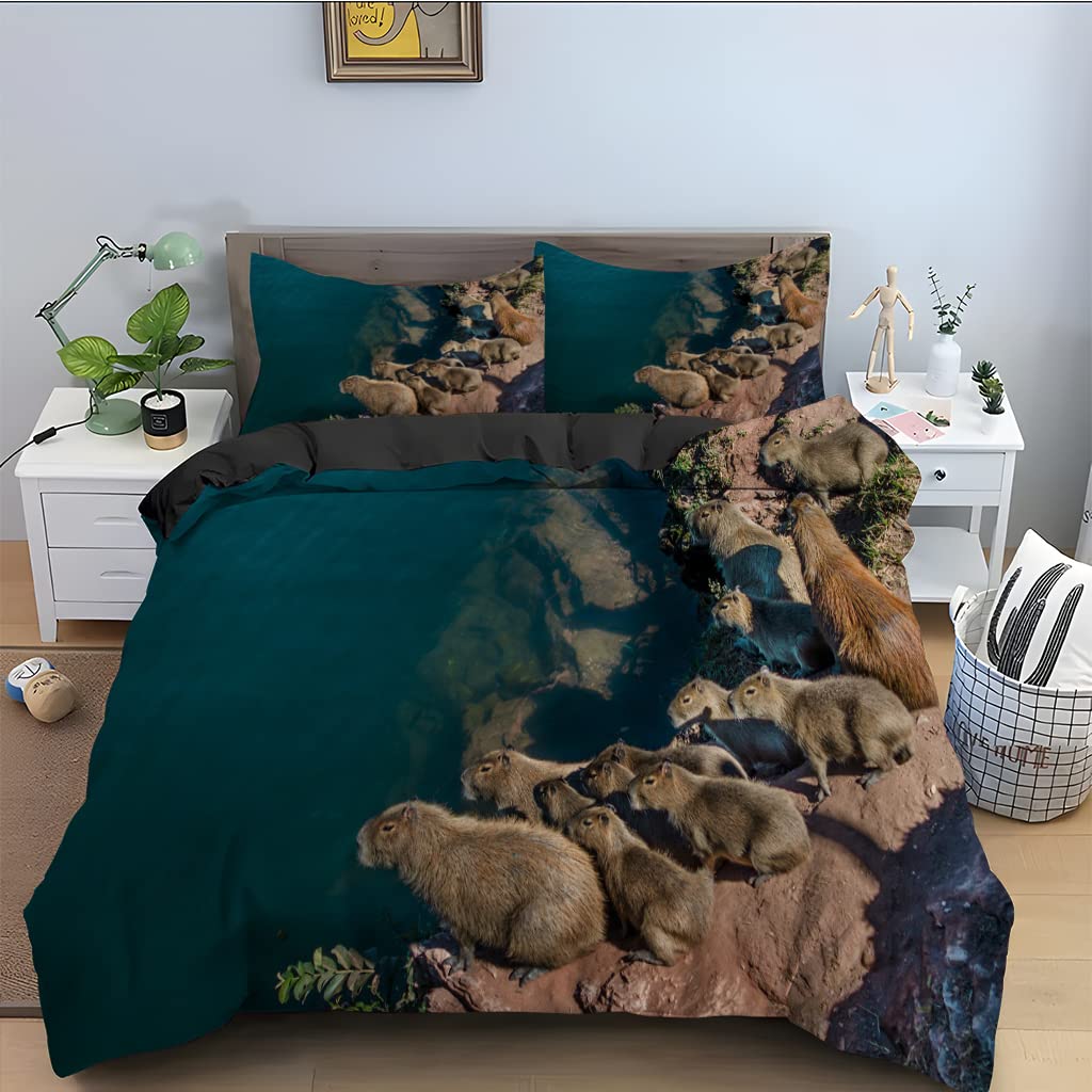 Parure de lit 90x190 enfant capibara vert foncé en microfibre 110g avec taie d'oreiller