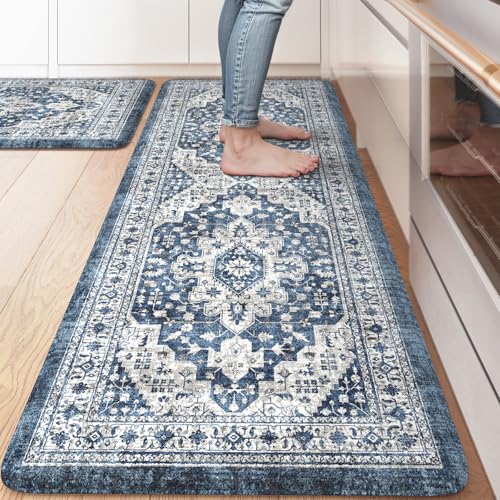 Image of LEEVAN Blue Anti Fatigue Mats for Kitchen Floor Sets of 2,Memory Foam Cushioned Kitchen Mats for Floor,Non Slip Waterproof Ergonomic Boho Kitchen Mat for Sink,Laundry,Home,Office(17''x29''+17''x47'')