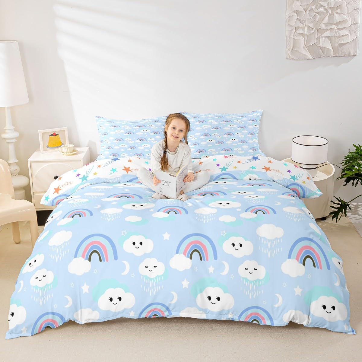 Housse de couette motif dessin animé étoiles lune nuage Manfei