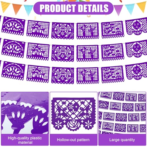 Image of VitalCozy 4 Pack 59 ft Mexican Papel Picado Banner Plastic Mexican Talavera Party Fiesta Banner Wedding Hanging Decorations for Cinco De Mayo Cielito Lindo Party Supplies(Purple)