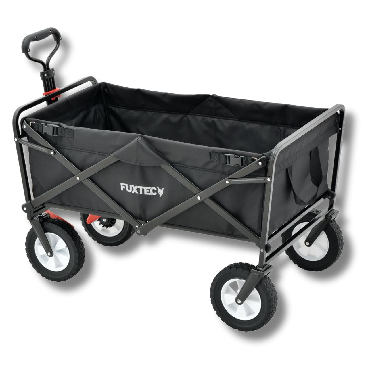 FUXTEC Bollerwagen FX-CT100 schwarz, Faltbarer Transportwagen, bis 75kg belastbar, inklusive Schiebestange, kompakt klappbar, robuster Stoff, ideal für Kinder, Ausflüge, Strand und Festivals