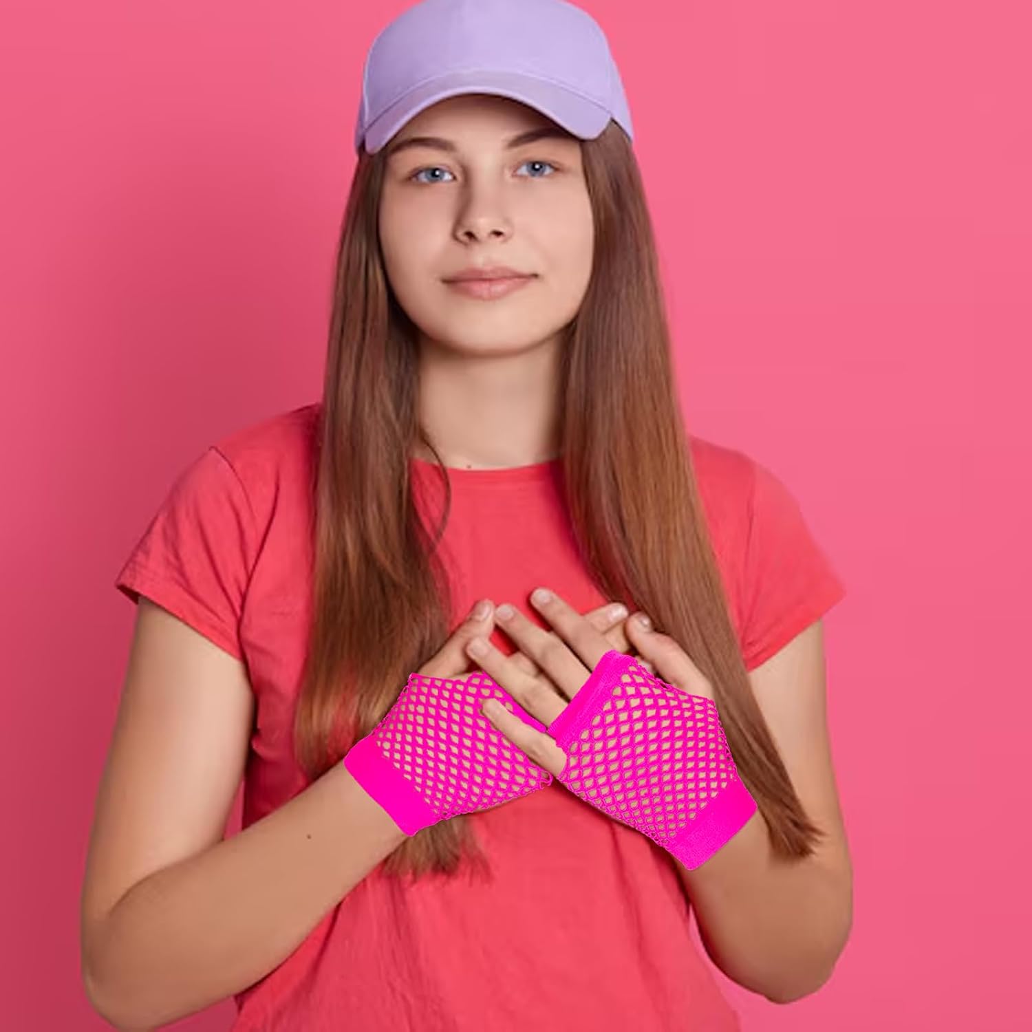 Skrfren 2 Pairs Fishnet Gloves Fingerless for Women, Women's Mesh Emo Fingerless Arm Fishnet Gloves for 80s Costume Theme Party, Fish Net Arm Sleeve Mesh, Hot Pink, Long&Short