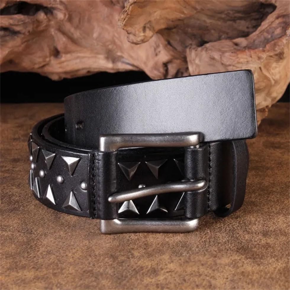 Pohullan Men Handmade Studded Belt Leather Punk Rock Style Belt Retro Jeans Belts3