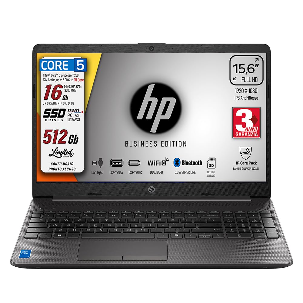 HP 250, PC Portatile, Intel Core 5-120U 13th 10Core, fino a 5 GHz, RAM 16Gb, SSD 512Gb, Display 15.6" IPS FHD, Wi-Fi 6, BT, WebCam, HDMI, LanRj45, Display port, Pronto all'Uso, 3 Anni di garanzia