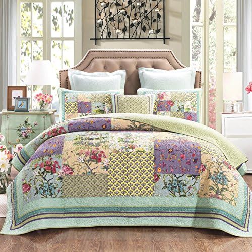 YAYIDAY Cotton Patchwork Bedspread Quilt Sets King Size - Reversible Breathable Comforter Floral Quilted Coverlet with Pillow Shams, Bohemian Pattern Rural