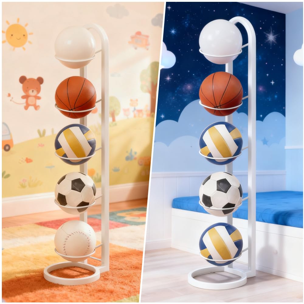 Soporte Balón Fútbol 5 Niveles, Estante Metálico Vertical para Baloncesto, Estantería Almacenaje Pelotas