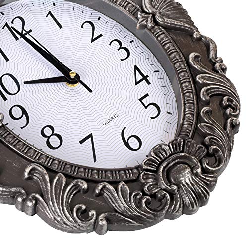 Victorian 14 Inch Retro Oval Chic Wall Clock Silent Non-Ticking Boho Decor Wall Clock For Living Room/Office/Bedroom Arabic Numerals Silver #TOP3