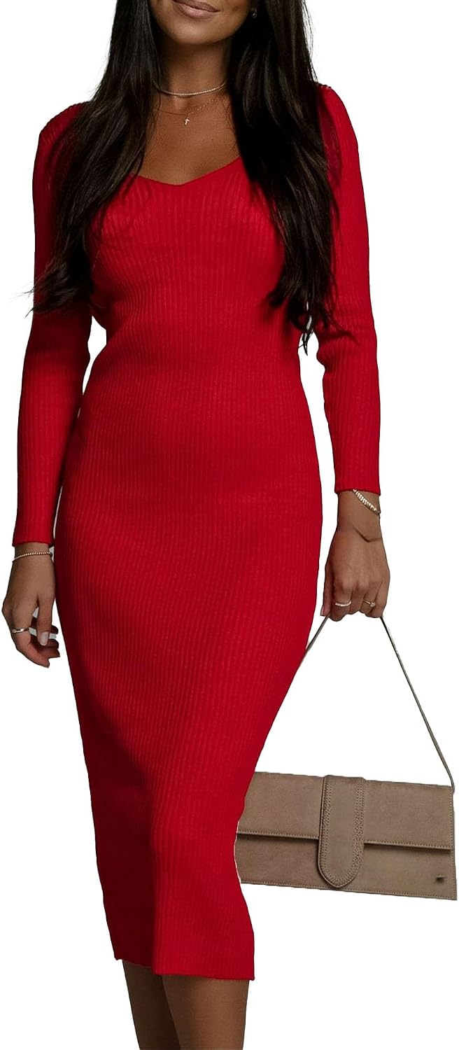 Women's 2024 V Neck Ribbed Knit Dress Long Sleeve Slim Fit Bodycon Dress Fall Winter Solid Pullover Sweater Dress