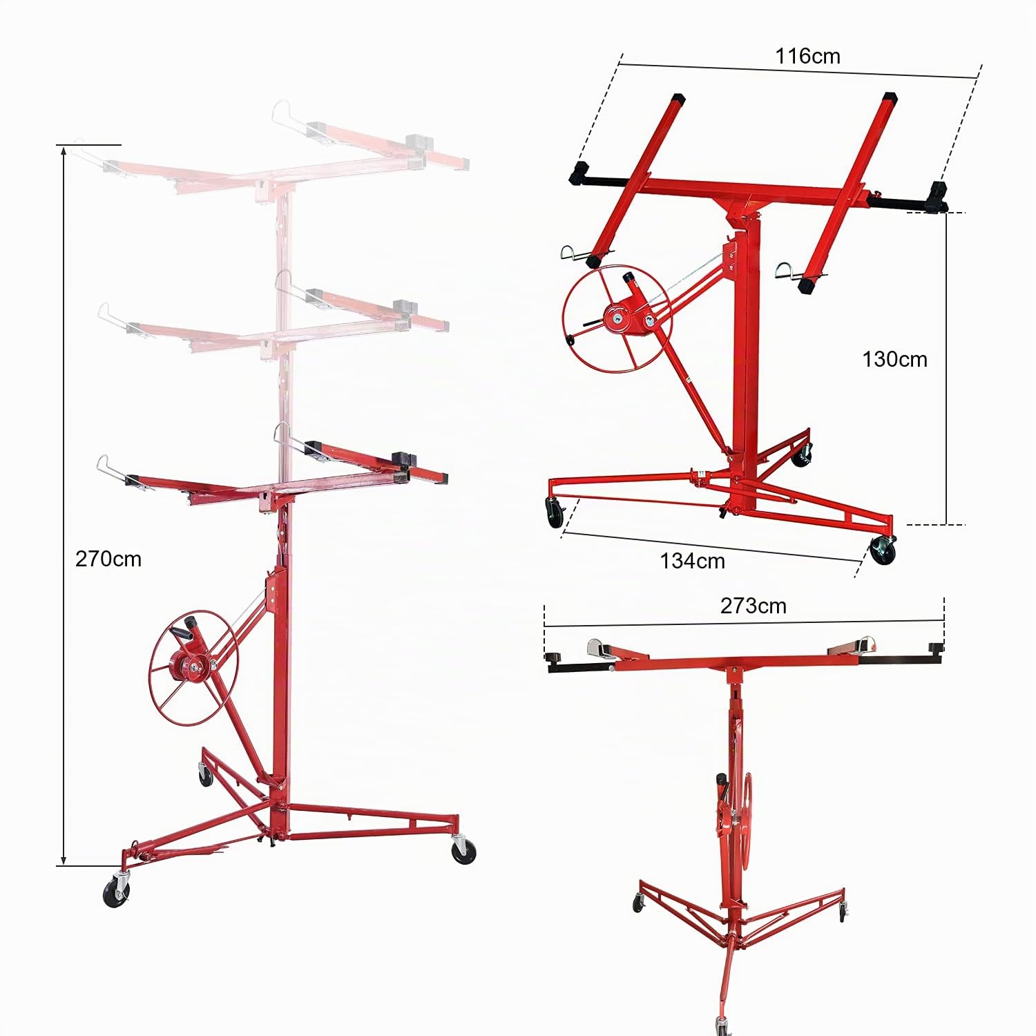 XXL Plattenheber Trockenbau, Tragfähigkeit 68 kg, Arbeitshöhe 140-350 cm, max. Breite 290 cm, Klappbarer, verstellbar, schwenkbar, Montagehilfe, rot