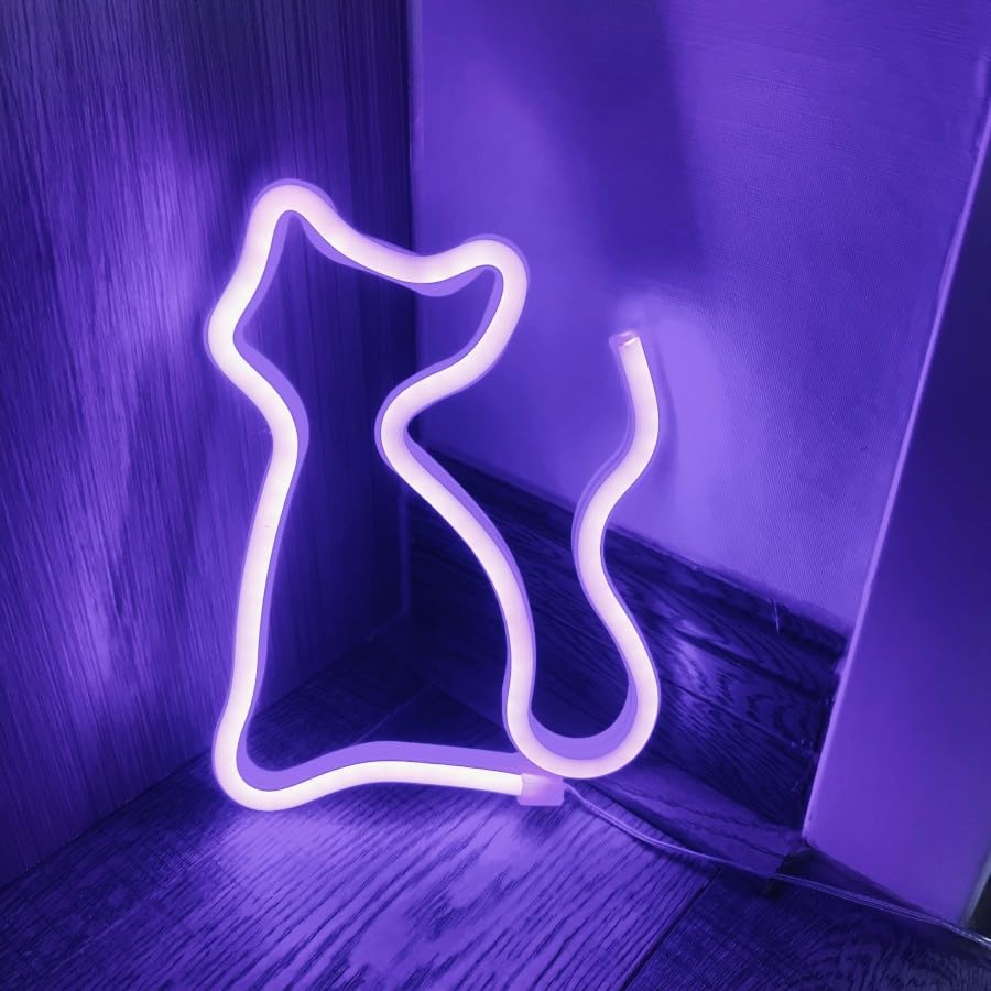 SHANJIANeon Night Light, LED Cat Signs,Cat Neon Decoration,LED Neon Signs Night Light Cat Neon Lights for Kids Bedroom USB Operated (Purple)