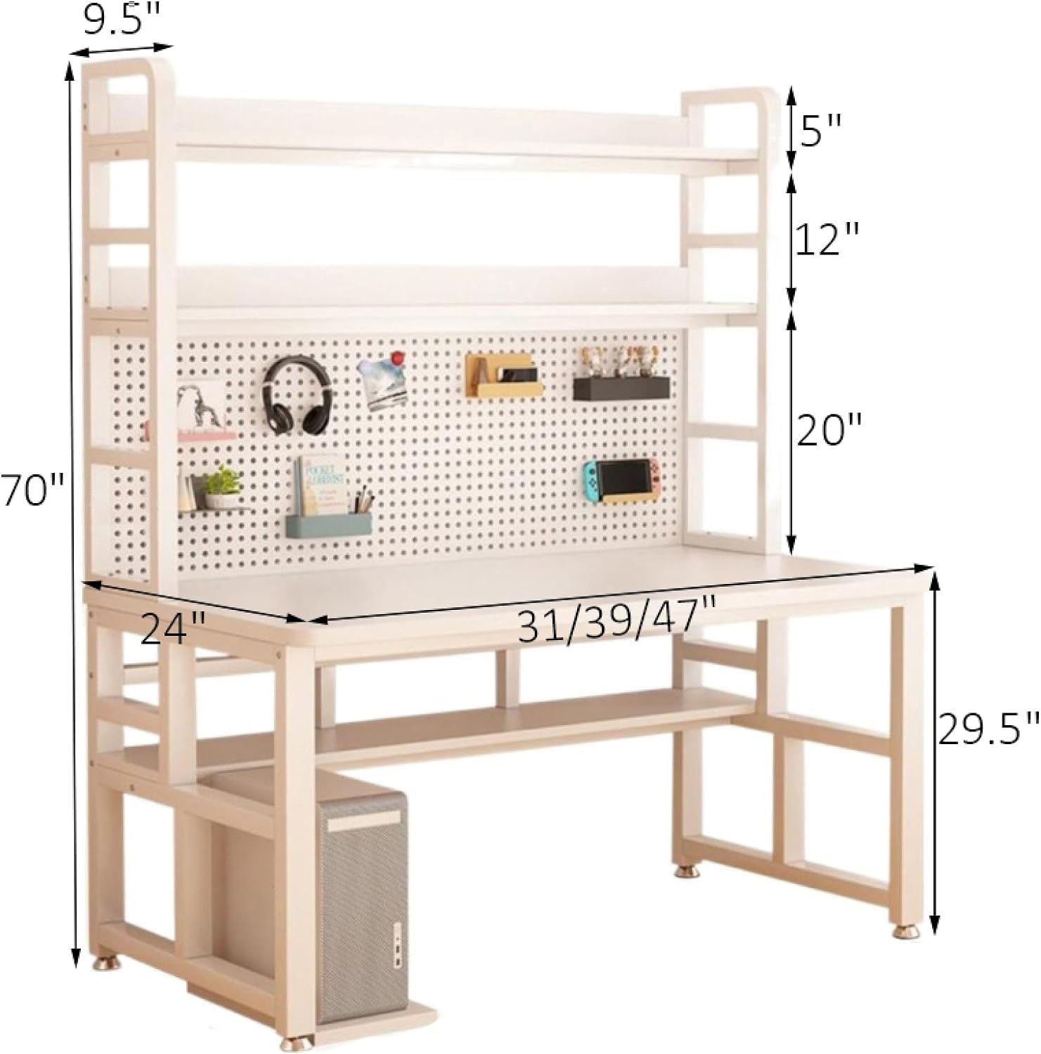 Generico Scrivania Moderna in Stile Industriale con Ripiani e Pannello Forato - Elegante postazione di Lavoro per L'Ufficio Domestico, Ideale per studiare, Scrivere e Lavorare in Modo produttivo.