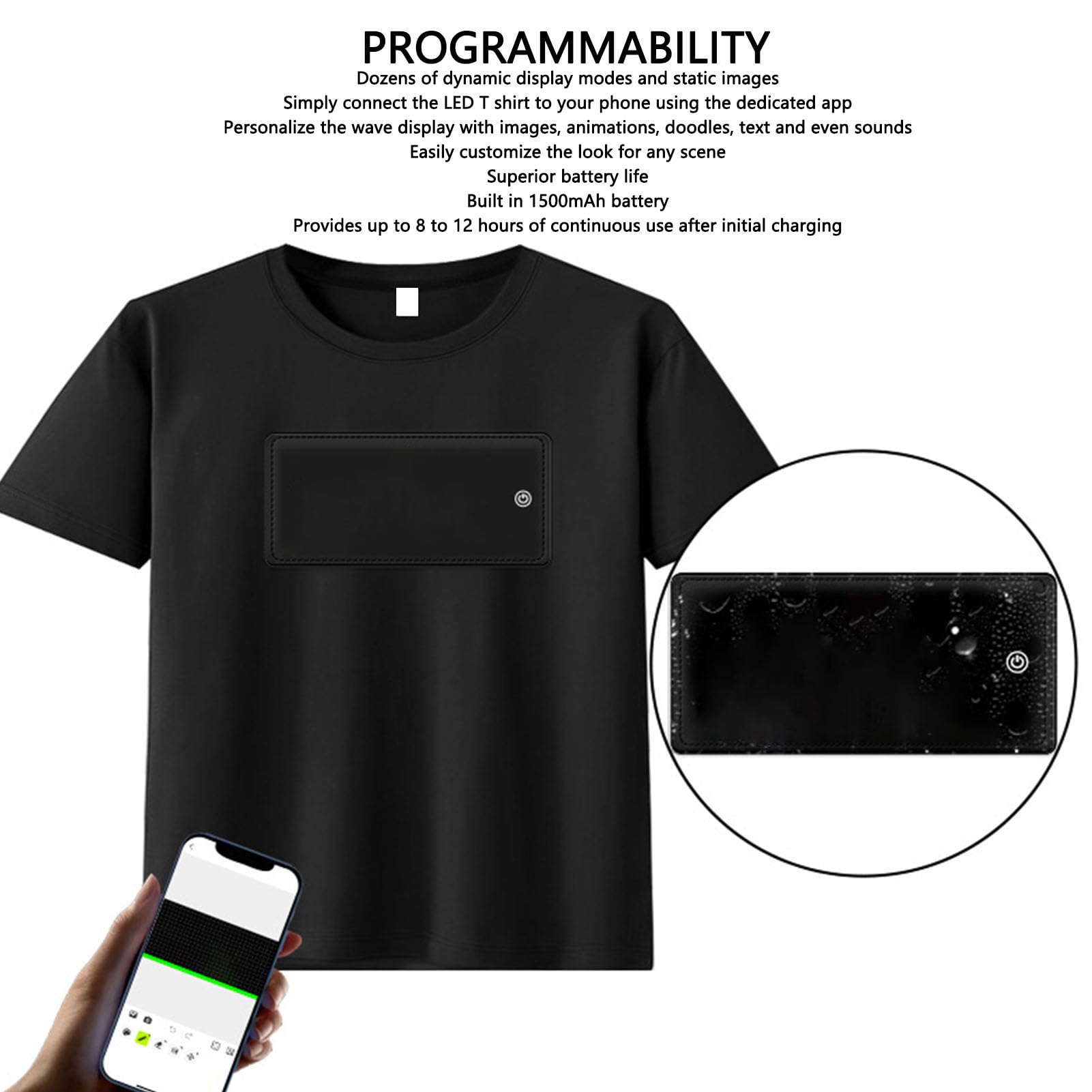 ASHATA Camiseta LED, Pantalla Multicolor Programable para Fiestas, con App para e IOS
