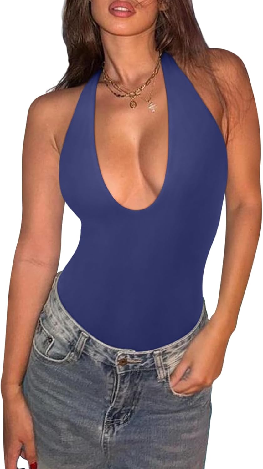 REORIA Bodysuits for Women Halter Tops 2025 Summer V Neck Backless Body Suits Tank Top Trendy Fashion Clothing