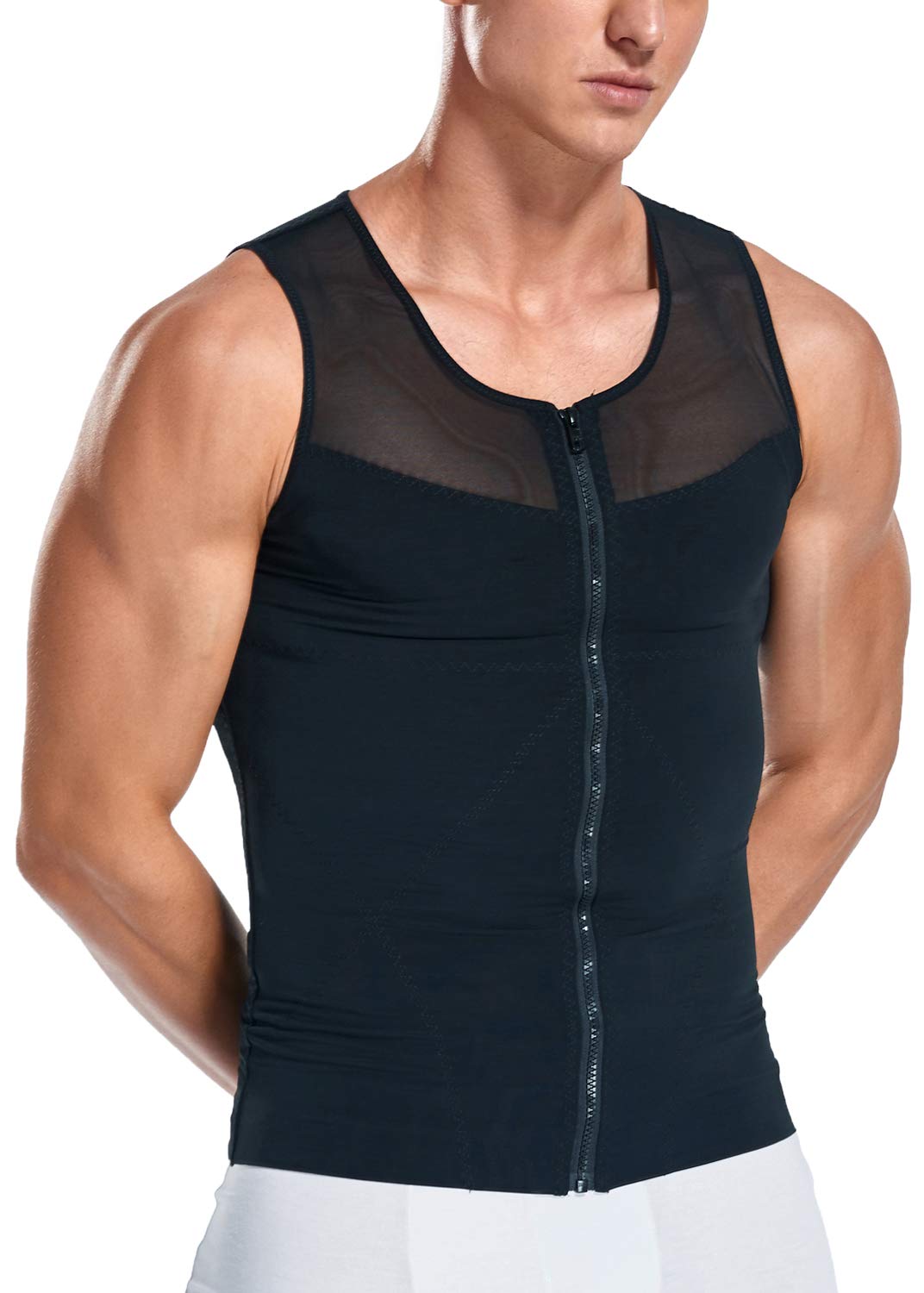 Mens Slimming Body Shaper Zipper Gynecomastia Vest Tank Top Compression Undershirt B/M Black