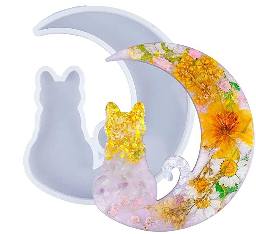 EnaMeena 2-Pack Moon Cat Silicone Molds for Epoxy Resin Casting. Perfect for Luna Wall Decor, Home Accents, Halloween Decorations, and Craft Projects.