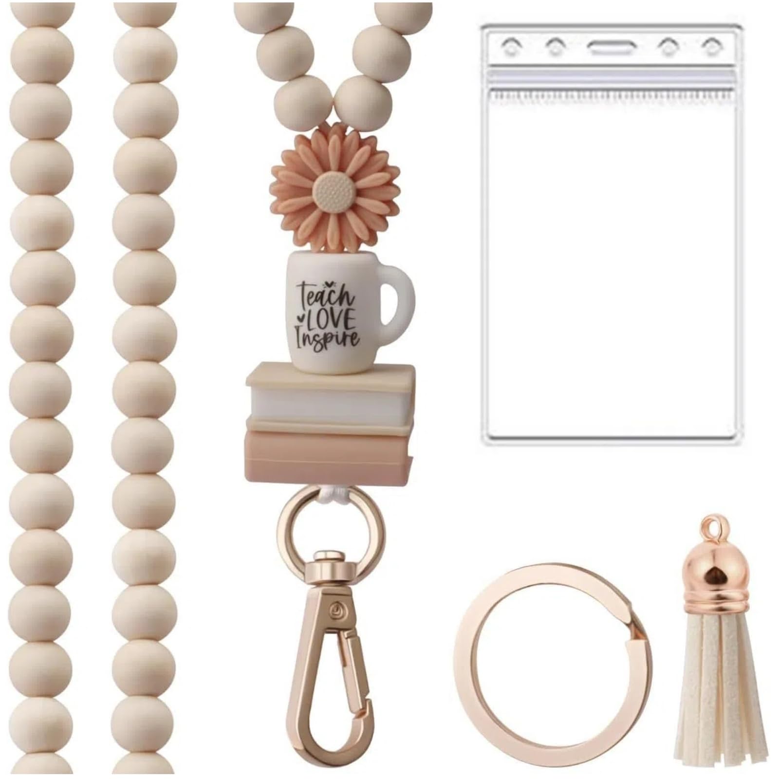 Xusdamyj Teacher Lanyard with ID Holder, Wood Beaded Lanyards for Id Badges and Keys, Cute Keychain Lanyard for Teachers Nurses Students